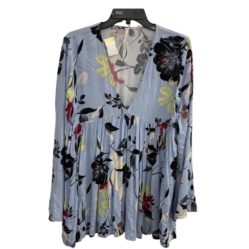 Free People Blue Floral Rayon Babydoll V-Neck Long Sleeve Tunic Top Womens Small